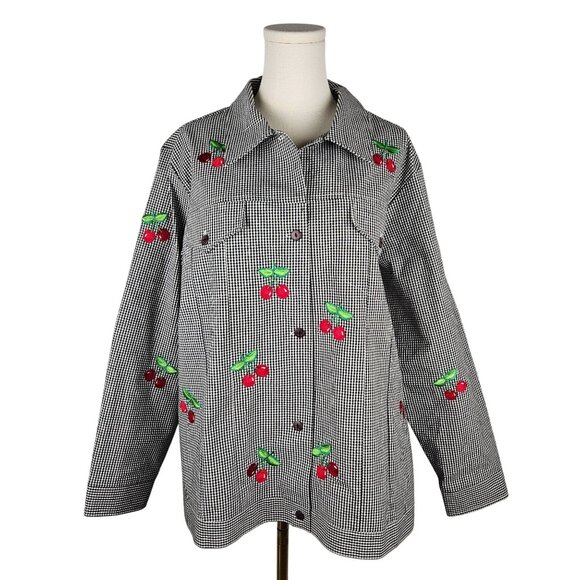 Quacker Factory Jackets & Blazers - Quacker Factory Black & White Jacket Gingham Cherry Embroidered 1X Rockabilly
